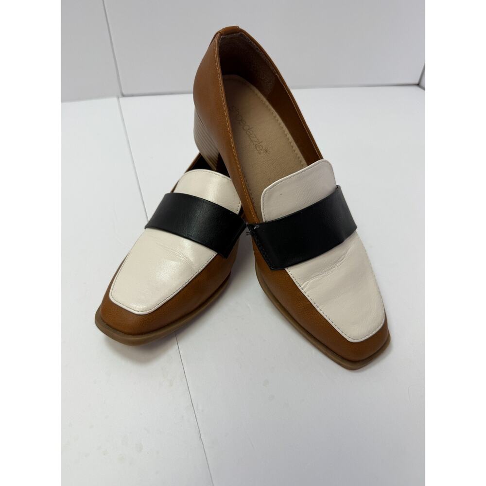 Shoe Dazzle Women's Loafers Brown Black White Colorblock Square Toe Slip On